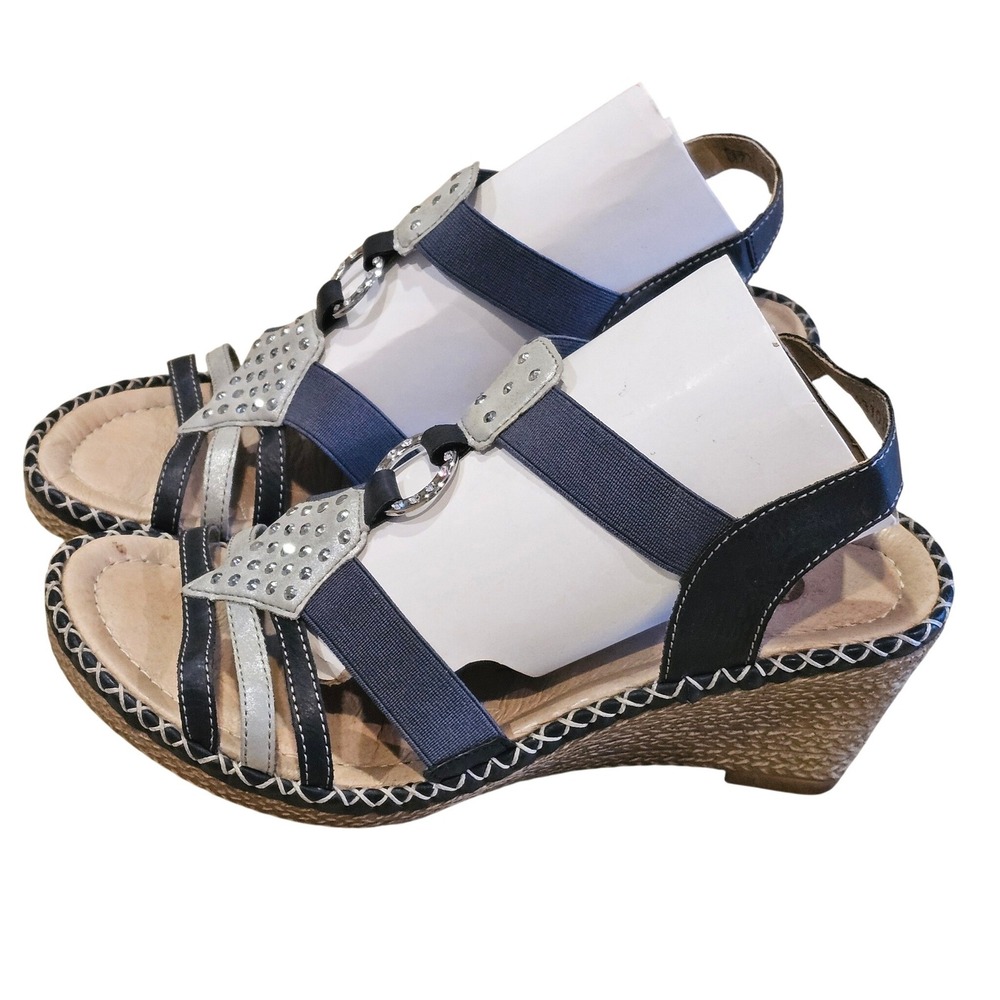 Remonte Soft Navy Blue Silver Rhinestone Wedge Sandals 37 Leather Elastic Strap‎